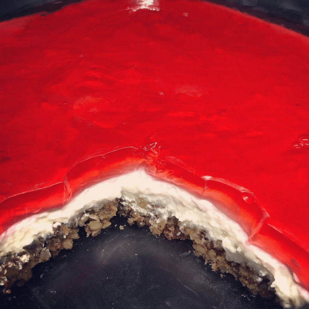 Keto Strawberry Pretzel Salad cake