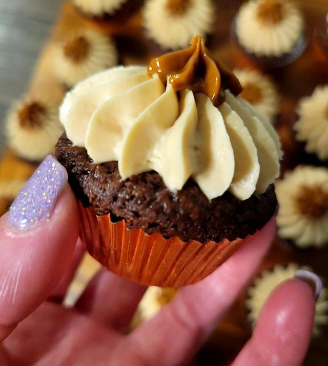 Chocolate Keto Caramel Latte Frosting Cupcakes - close