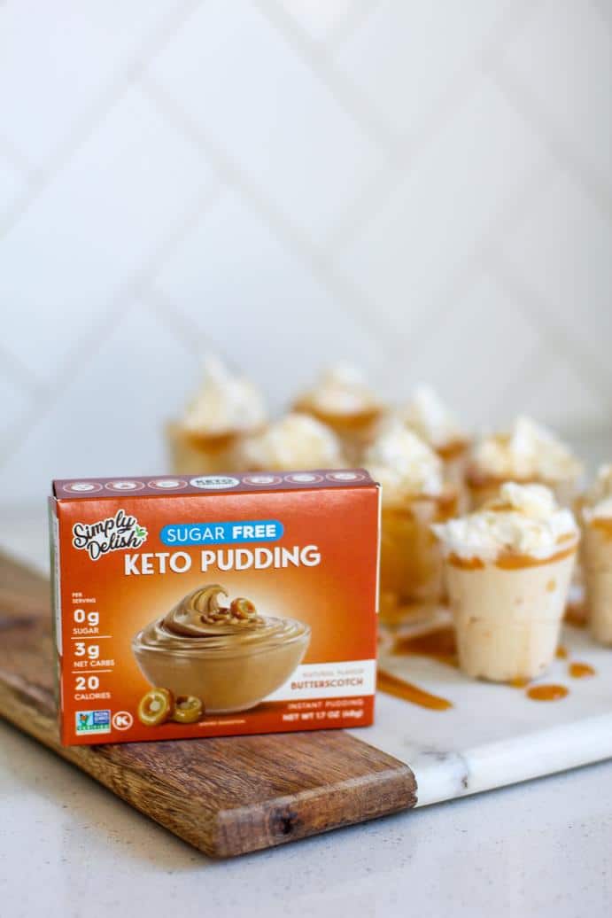 Butterscotch Pudding Shots by @klean.kate with Simply Delish Instant Pudding Box