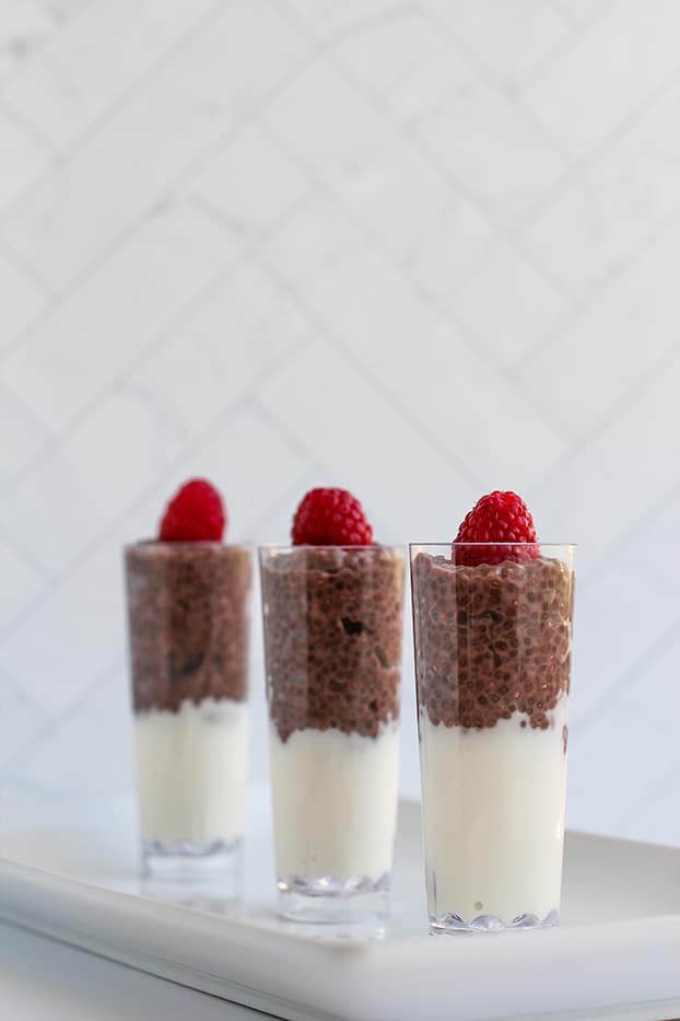 Vegan chocolate chia pudding cups by @klean.kate close up 3 in a row