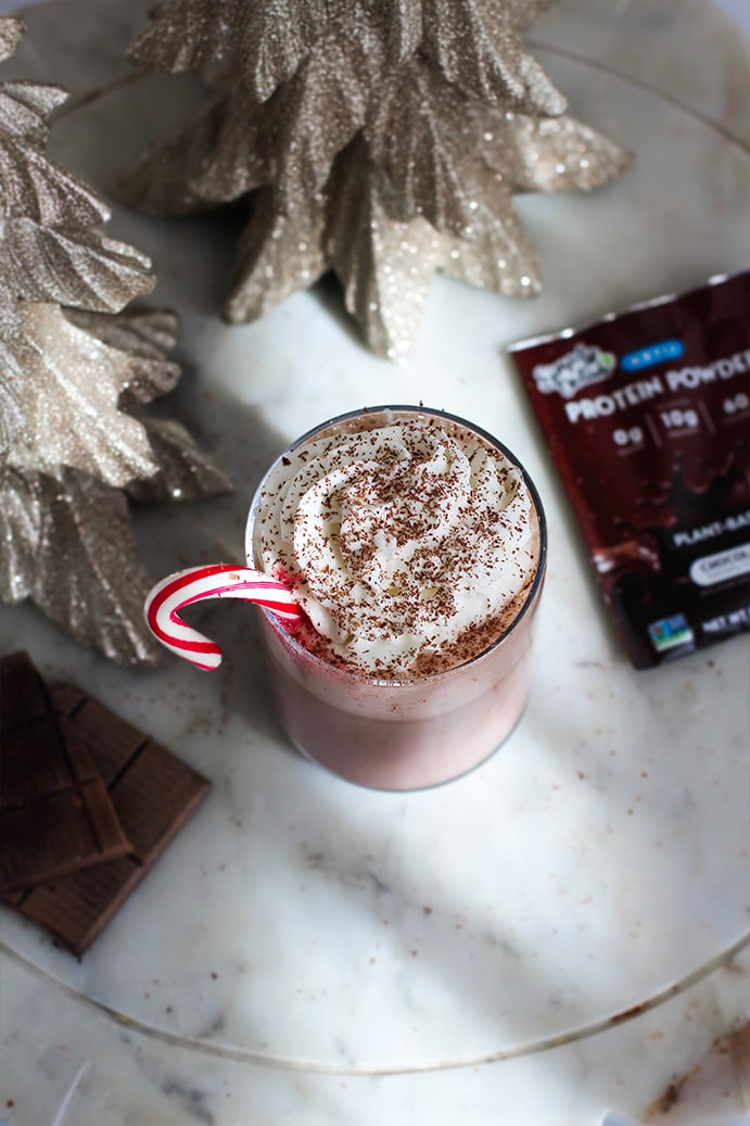 Protein Hot Cocoa (national cocoa day) by @klean.kate top view with Simply Delish Protein Powder